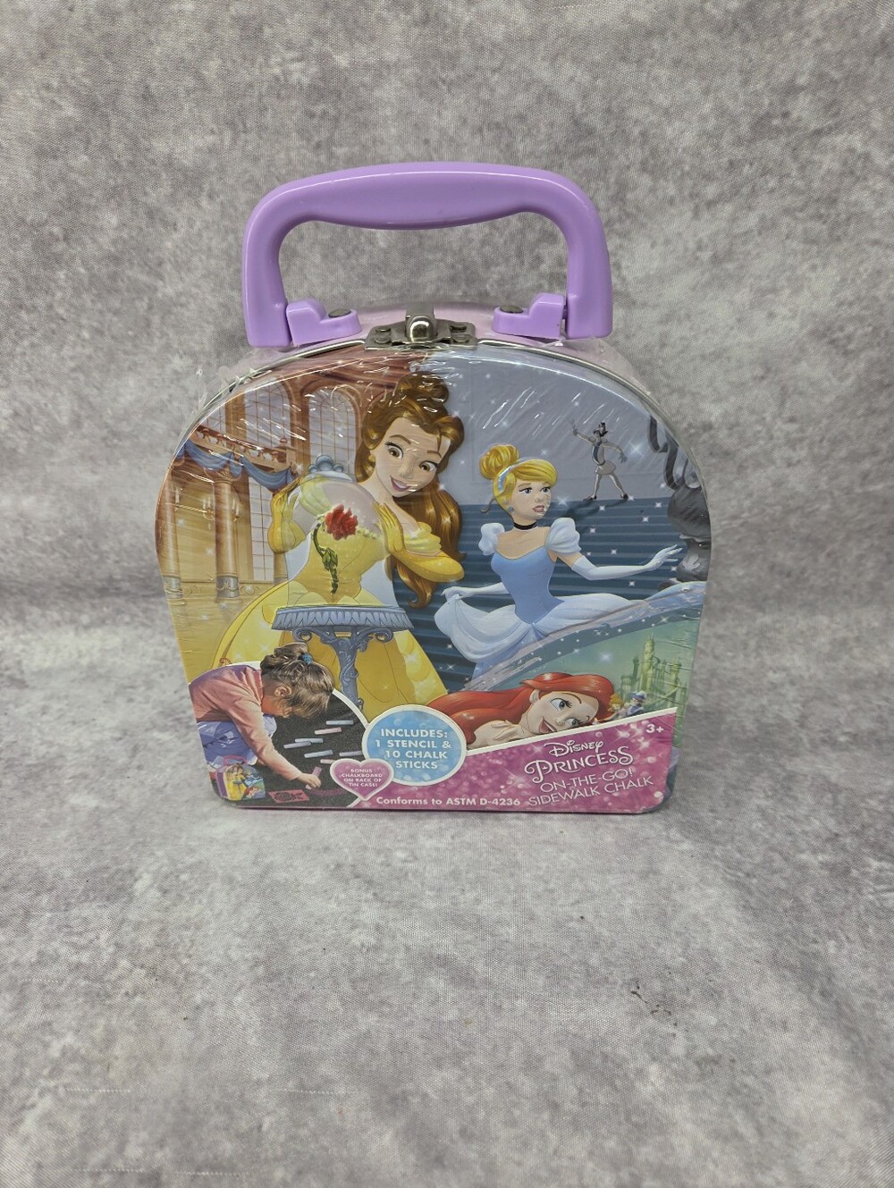 Disney Princess On The Go Sidewalk Chalk & Stencil Kit Tin Carry Case W/Handle